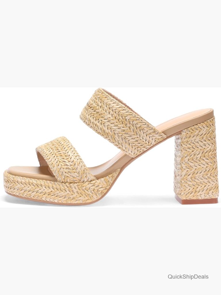 Raffia Heeled Sandals Slip On Open Toe Chunky Platform Double Strap